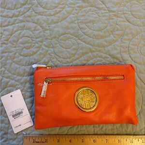 Orange Leather Crossbody  or Clutch with Gold Accent